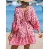 CUPSHE Women Casual Boho Sundress Summer Floral Print Tie Front Dress 3/4 Sleeves Paisley Beach Mini Dresses(Light Pink)