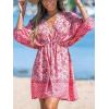 CUPSHE Women Casual Boho Sundress Summer Floral Print Tie Front Dress 3/4 Sleeves Paisley Beach Mini Dresses(Light Pink)