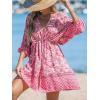 CUPSHE Women Casual Boho Sundress Summer Floral Print Tie Front Dress 3/4 Sleeves Paisley Beach Mini Dresses(Light Pink)