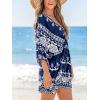 CUPSHE Women Casual Boho Sundress Summer Floral Print Tie Front Dress 3/4 Sleeves Paisley Beach Mini Dresses(Navy Blue)