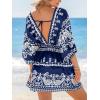 CUPSHE Women Casual Boho Sundress Summer Floral Print Tie Front Dress 3/4 Sleeves Paisley Beach Mini Dresses(Navy Blue)