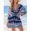 CUPSHE Women Casual Boho Sundress Summer Floral Print Tie Front Dress 3/4 Sleeves Paisley Beach Mini Dresses(Navy Blue)