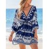 CUPSHE Women Casual Boho Sundress Summer Floral Print Tie Front Dress 3/4 Sleeves Paisley Beach Mini Dresses(Navy Blue)