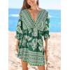 CUPSHE Women Casual Boho Sundress Summer Floral Print Tie Front Dress 3/4 Sleeves Paisley Beach Mini Dresses(Olive Green)