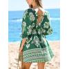 CUPSHE Women Casual Boho Sundress Summer Floral Print Tie Front Dress 3/4 Sleeves Paisley Beach Mini Dresses(Olive Green)