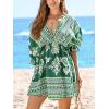 CUPSHE Women Casual Boho Sundress Summer Floral Print Tie Front Dress 3/4 Sleeves Paisley Beach Mini Dresses(Olive Green)