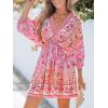 CUPSHE Women Casual Boho Sundress Summer Floral Print Tie Front Dress 3/4 Sleeves Paisley Beach Mini Dresses(Pink)
