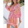 CUPSHE Women Casual Boho Sundress Summer Floral Print Tie Front Dress 3/4 Sleeves Paisley Beach Mini Dresses(Pink)