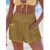 CUPSHE Women Coverup Shorts Smocked Waist High Rise Swimsuit Coverup Shorts with Side Pockets(Khaki)