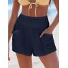 CUPSHE Women Coverup Shorts Smocked Waist High Rise Swimsuit Coverup Shorts with Side Pockets(Navy)