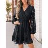 CUPSHE Women Elegant V Neck Lace Peasant Sleeve Mini Summer Dress Elastic High Waist A Line Casual Wedding Guest Dress(Black)