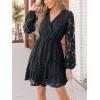 CUPSHE Women Elegant V Neck Lace Peasant Sleeve Mini Summer Dress Elastic High Waist A Line Casual Wedding Guest Dress(Black)