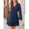 CUPSHE Women Elegant V Neck Lace Peasant Sleeve Mini Summer Dress Elastic High Waist A Line Casual Wedding Guest Dress(Blue)