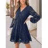 CUPSHE Women Elegant V Neck Lace Peasant Sleeve Mini Summer Dress Elastic High Waist A Line Casual Wedding Guest Dress(Blue)