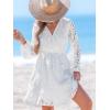 CUPSHE Women Elegant V Neck Lace Peasant Sleeve Mini Summer Dress Elastic High Waist A Line Casual Wedding Guest Dress(White)
