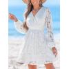 CUPSHE Women Elegant V Neck Lace Peasant Sleeve Mini Summer Dress Elastic High Waist A Line Casual Wedding Guest Dress(White)