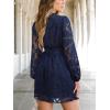CUPSHE Women Fall Wedding Guest Dresses Lace V Neck Ruffle Smocked A Line Cocktail Mini Dress(Navy)