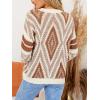 CUPSHE Women Round Neck Sweater Knit Geometric Patterned Casual Tops Long Sleeves Sweaters(Brown)