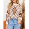 CUPSHE Women Round Neck Sweater Knit Geometric Patterned Casual Tops Long Sleeves Sweaters(Brown)