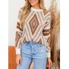 CUPSHE Women Round Neck Sweater Knit Geometric Patterned Casual Tops Long Sleeves Sweaters(Brown)