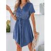 CUPSHE Women Summer Dresses Drawstring Button Front Short Sleeve V Neck Mini Dress Short Sleeve Sundress(Blue)