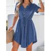 CUPSHE Women Summer Dresses Drawstring Button Front Short Sleeve V Neck Mini Dress Short Sleeve Sundress(Blue)
