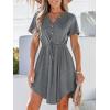 CUPSHE Women Summer Dresses Drawstring Button Front Short Sleeve V Neck Mini Dress Short Sleeve Sundress(Grey)