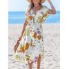 CUPSHE Women Swimsuit Cover Up Midi V Neck Short Sleeve Tropical Beach Coverup Dress(Beige Floral)