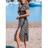 CUPSHE Women Swimsuit Cover Up Midi V Neck Short Sleeve Tropical Beach Coverup Dress(Navy Block)