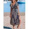 CUPSHE Women Swimsuit Cover Up Midi V Neck Short Sleeve Tropical Beach Coverup Dress(Navy Block)