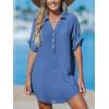 CUPSHE Women Swimsuit Cover Up V Neck Short Sleeve Button Front Beach Coverup Shirt Dress(Azure Color)