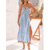 CUPSHE Women’s Backless Beach Dress Halter Neck Ruffle Plunge V Neck Sleeveless Maxi Sundress Summer Dresses(Blue Striped)
