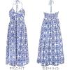 CUPSHE Women’s Backless Beach Dress Halter Neck Ruffle Plunge V Neck Sleeveless Maxi Sundress Summer Dresses(Blue White)