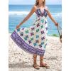 CUPSHE Women’s Backless Beach Dress Halter Neck Ruffle Plunge V Neck Sleeveless Maxi Sundress Summer Dresses(Blue White Patterned)