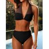 CUPSHE Women’s Bikini Sets Two Piece Swimsuit High Waisted Bandeau Mesh Halter Tummy Control Back Hook Bathing Suit(Black)