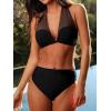 CUPSHE Women’s Bikini Sets Two Piece Swimsuit High Waisted Bandeau Mesh Halter Tummy Control Back Hook Bathing Suit(Black)
