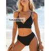 CUPSHE Women’s Bikini Sets Two Piece Swimsuit Mid Rise Bathing Suits V Neck Crisscross Back Tie Textured(Black)