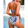 CUPSHE Women’s Bikini Sets Two Piece Swimsuit V Neck Halter Back Self Tie Stitching Side Lace Up(Navy/Green Paisley)