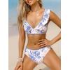 CUPSHE Women’s Bikini Sets V Neck Ruffled Wide Adjustable Straps Bathing Suit Standard Rise Whip Stitch Trim(Blue Floral)
