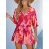 CUPSHE Women’s Boho Floral Romper Short Sleeve V Neck Tie Waist Summer Beach Jumpsuit Tropical Resort Vacation Outfits(Pink Orange Floral)