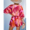 CUPSHE Women’s Boho Floral Romper Short Sleeve V Neck Tie Waist Summer Beach Jumpsuit Tropical Resort Vacation Outfits(Pink Orange Floral)