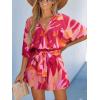 CUPSHE Women’s Boho Floral Romper Short Sleeve V Neck Tie Waist Summer Beach Jumpsuit Tropical Resort Vacation Outfits(Pink Orange Floral)