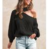 CUPSHE Womens Cold Shoulder Sweaters Long Sleeve Mock Neck Casual Lightweight Pullover Sweater Tops(Black)