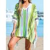 CUPSHE Women’s Crochet Beach Bikini Cover Up Colorful Strip Tassels V Neck Drop Shoulde 3/4 Sleeve Loose Waisted Mini Length(Green)