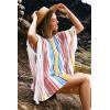 CUPSHE Women’s Crochet Beach Bikini Cover Up Colorful Strip Tassels V Neck Drop Shoulde 3/4 Sleeve Loose Waisted Mini Length(Red)