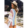 CUPSHE Women’s Crochet Beach Bikini Cover Up Colorful Strip Tassels V Neck Drop Shoulde 3/4 Sleeve Loose Waisted Mini Length(Red)