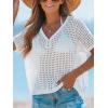 CUPSHE Women’s Crochet Cover Up Tops Hollow Out Short Sleeve Swimsuit Coverups Knit Mesh Pullover Top(White)