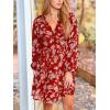 CUPSHE Women’s Fall Boho Floral Mini Dresses Long Sleeve Wedding Guest Dress V Neck Flowy Smocked Lined Short Dress(Red)
