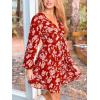 CUPSHE Women’s Fall Boho Floral Mini Dresses Long Sleeve Wedding Guest Dress V Neck Flowy Smocked Lined Short Dress(Red)