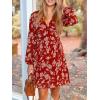 CUPSHE Women’s Fall Boho Floral Mini Dresses Long Sleeve Wedding Guest Dress V Neck Flowy Smocked Lined Short Dress(Red)